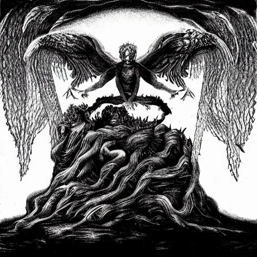 Image similar to gibbon descending from heaven, in the style of deathspell omega's fas album cover, illustration, detailed