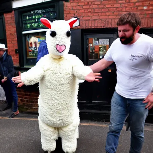 Image similar to photo of a man in a sheep costume in flames and jesus is helping him outside a british pub