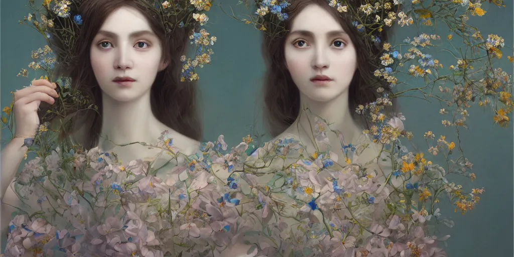 Image similar to breathtaking detailed concept art painting portrait of the goddess of nemophila flowers, orthodox saint, with anxious piercing eyes, ornate background, amalgamation of leaves and flowers, by hsiao - ron cheng, extremely moody lighting, 8 k