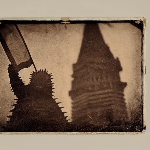 Prompt: wet plate photograph of godzilla waving the communist flag, daugerrotype, collodion photography, studio lights, eye catching, exxagerated texture