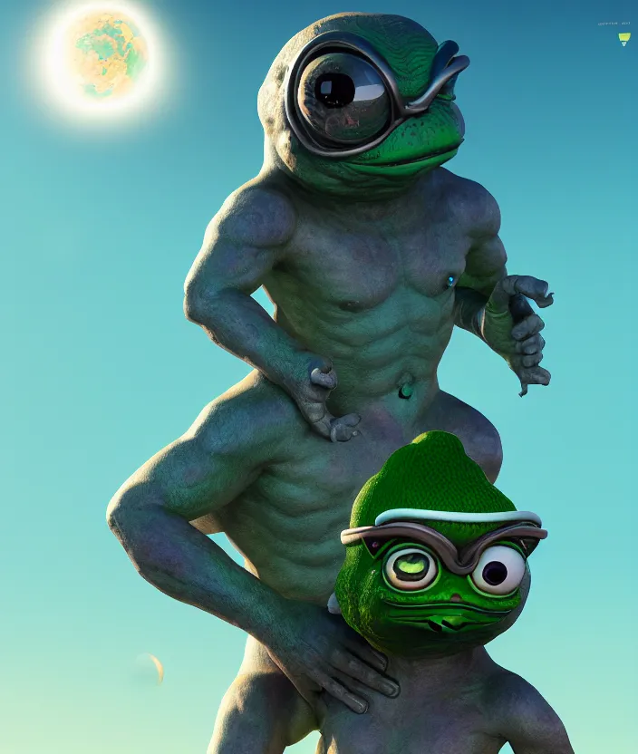 Image similar to giant pepe anunnaki statue, full body, planets, sky, dream, highly detailed, digital painting, refreshing, trending on artstation, octane render, illustration by james jean