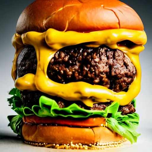 Image similar to colossal tall burger, stacked, award winning food photography, golden hour, holy