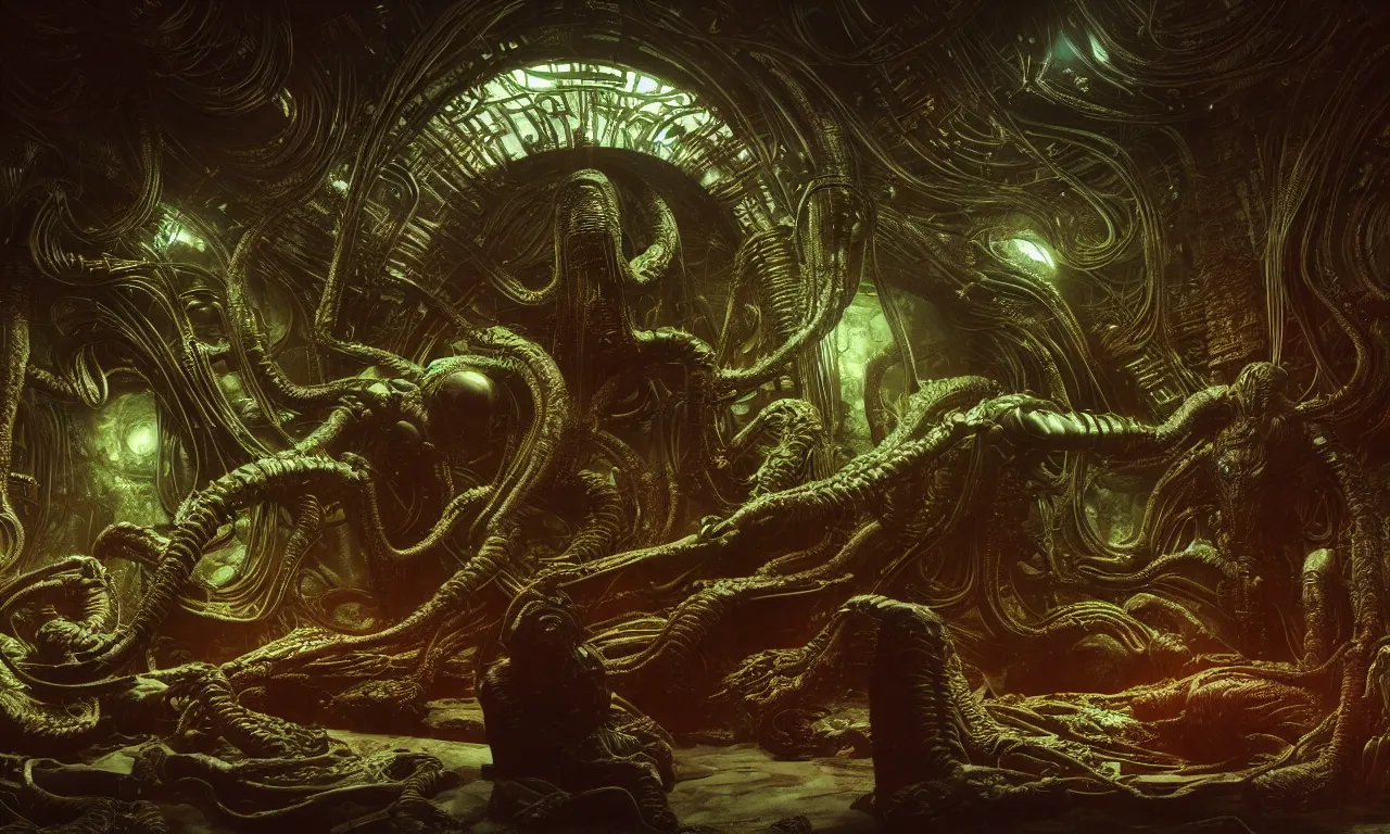 Image similar to Prometheus biological sci-fi environment set in a nightmarish universe of odd forms and somber tapestry, HR Giger and Vincent Di Fate, vivid color scheme, featured in artstation, octane render, cinematic, elegant, intricate, 8k