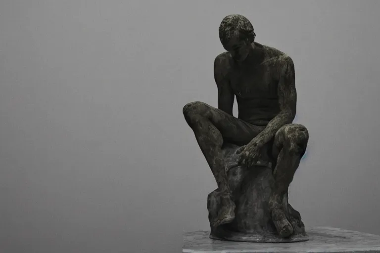 Prompt: a sculpture of a person sitting on top of a chair, a marble sculpture by nicola samori, behance, neo - expressionism, marble sculpture, apocalypse art, made of mist, masterpiece, bokeh, soft light