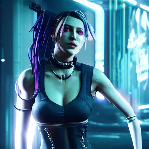 Image similar to female V from Cyberpunk 2077 wearing spiked black choker, steel collar, steel choker, punk, steel collar, 4K, realistic, spiked collar, art, beautiful,