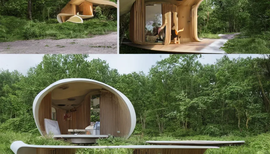 Image similar to A unique innovative and creative eco community of small affordable and contemporary creative cabins in a lush green forest with soft rounded corners and angles, 3D printed line texture, made of cement, connected by sidewalks, public space, and a park, Design and style by Zaha Hadid, Wes Anderson and Gucci