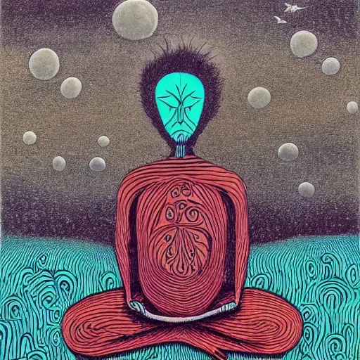 Image similar to by edward gorey, by andy kehoe graphic design extemporaneous. a drawing of a man with a large head, sitting in a meditative pose. his eyes are closed & he has a serene look on his face. his body is made up of colorful geometric shapes & patterns that twist & turn in different directions.