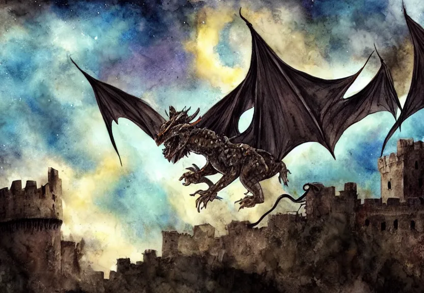 Image similar to dragon with possum head flying over a medieval castle under a dark starred sky, dark fantasy, watercolor, dreaming illusion, highly detailed, 4k, trending on Artstation, award-winning