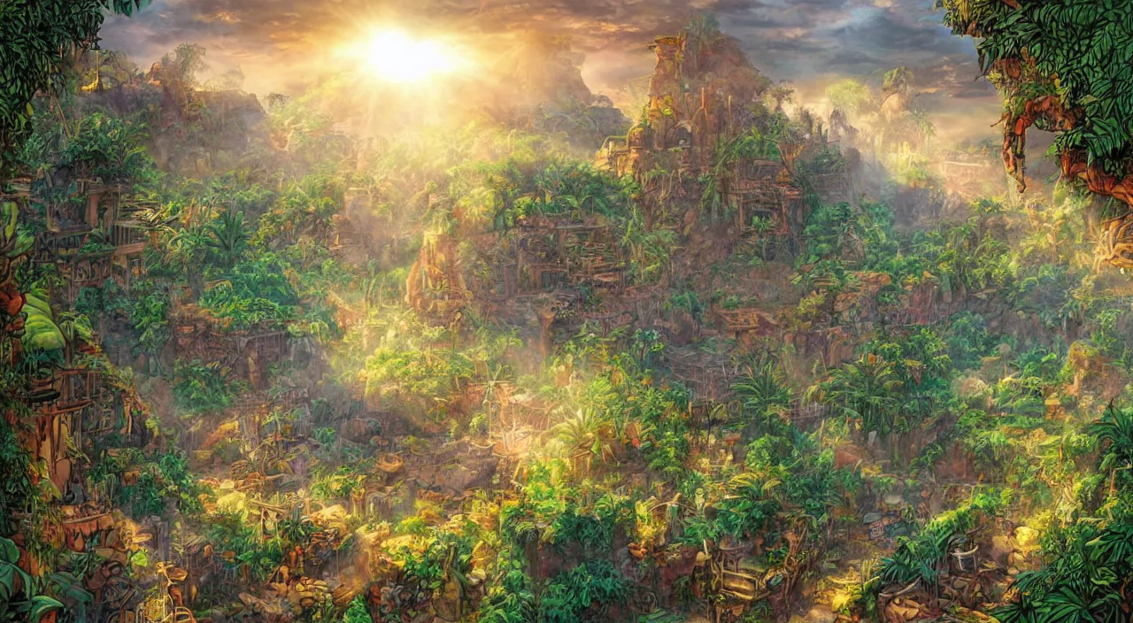 Image similar to marketplace fabric jungle dirt wall fortress a spectacular view cinematic rays of sunlight comic book illustration, by john kirby