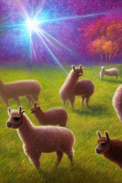 Image similar to magical alpacas frolicking in a field, autumn, illustration, light beams, digital art, oil painting, fantasy, 8 k, trending on artstation, detailed