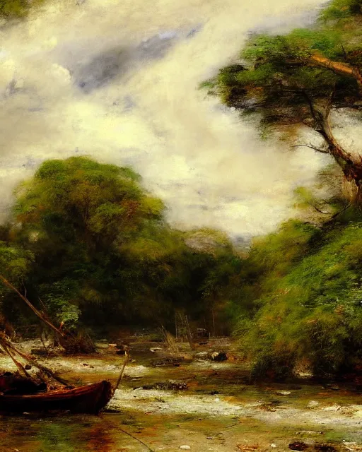 Prompt: reclaimed by nature by eugene boudin, wallpaper, highly detailed, trending on artstation.