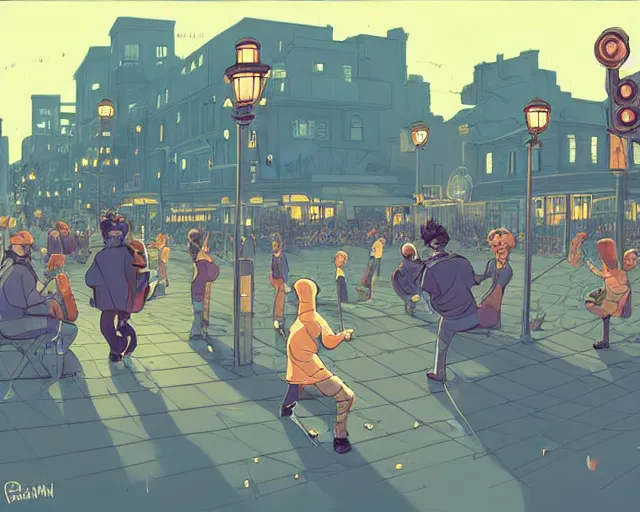 Image similar to a study of cell shaded cartoon of music band playing music street lamps, road, illustration, wide shot, subtle colors, post grunge, concept art by josan gonzales and wlop, by james jean, Victo ngai, David Rubín, Mike Mignola, Laurie Greasley, highly detailed, sharp focus, Trending on Artstation, HQ, deviantart, art by artgem