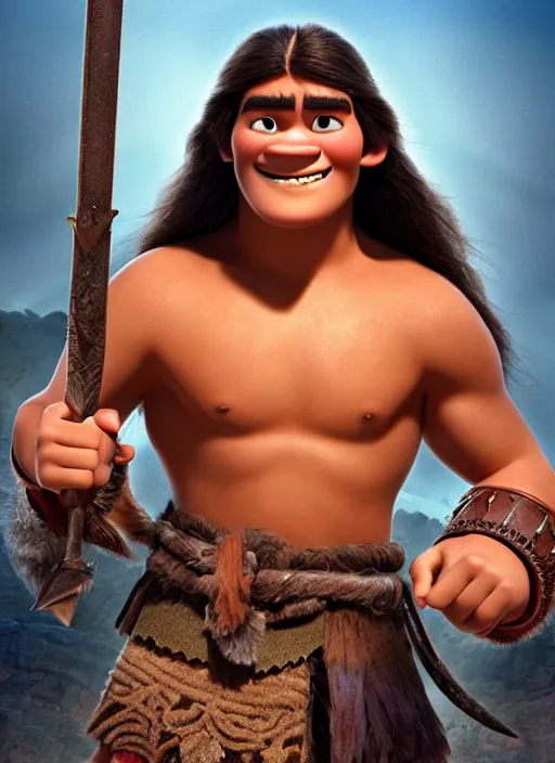 Prompt: portrait of teenage conan the barbarian, smiling. arrogant. great sword with golden pommel. animated feature. 3 d pixar and disney!! in the style of disney pixar, moana, brave, the good dinosaur.