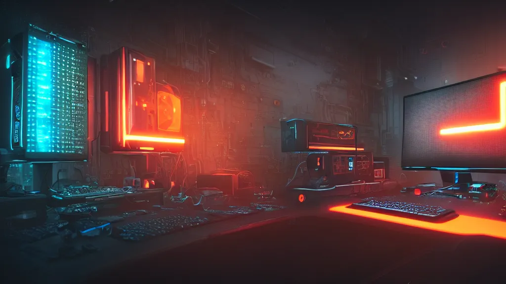 Prompt: a cyberpunk overpowered computer. Overclocking, watercooling, custom computer, cyber, mat black metal, alienware, futuristic design, desktop computer, desk, home office, whole room, minimalist, Beautiful dramatic dark moody tones and lighting, orange neon, Ultra realistic details, cinematic atmosphere, studio lighting, shadows, dark background, dimmed lights, industrial architecture, Octane render, realistic 3D, photorealistic rendering, 8K, 4K, Cyborg R.A.T 7, Republic of Gamer, computer setup, highly detailed