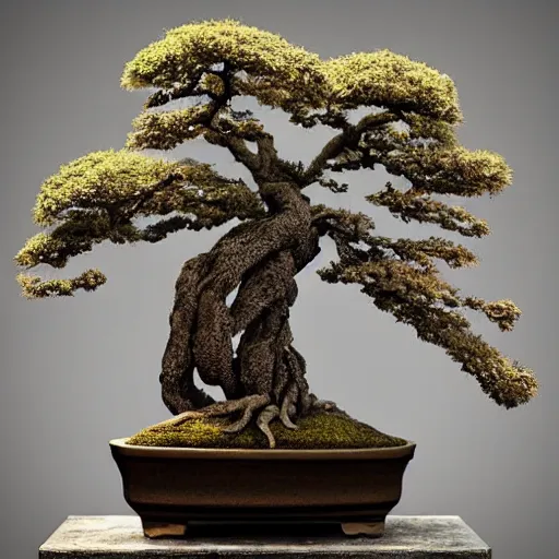 Image similar to hyperrealistic sculpture of a fossilized bronze bonsai tree, hyperrealistic dramatic colored lighting trending on artstation 8 k