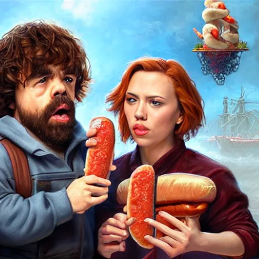 Image similar to portrait of peter dinklage sharing hotdogs with scarlett johansson, an oil painting by ross tran and thomas kincade w 7 6 8