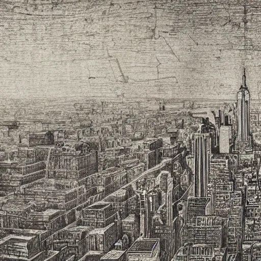 Image similar to sketches of New York City drawn by Leonardo DaVinci on stained and crumbled paper, highly detailed, intricate, high quality scan