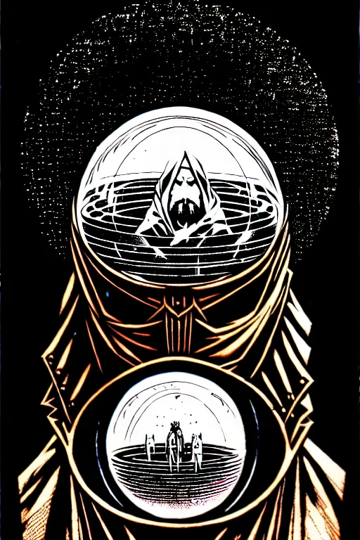 Image similar to cloaked steampunk wizard looking into a crystal ball, high details, intricately detailed, by vincent di fate, inking, 3 color screen print, masterpiece, trending on artstation,, sharp, details, hyper - detailed, hd, 4 k, 8 k