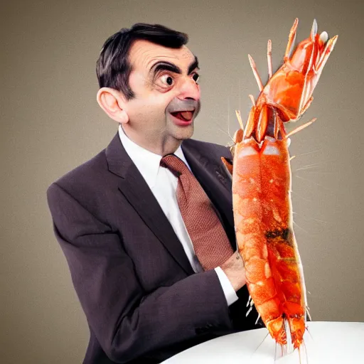 Image similar to , realistic HD photo of Mr Bean , Eating a huge prawn