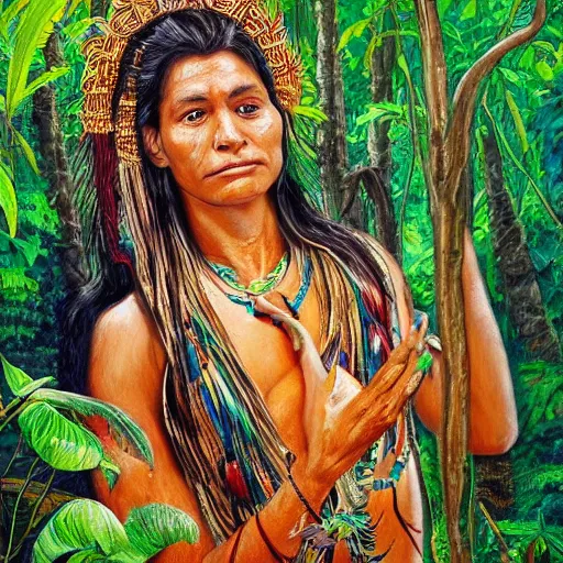 Image similar to a beautiful portrait of an amazonian shaman healer sitting in the jungle, doing a prayer, ayahuasca, high detail painting, fantasy art