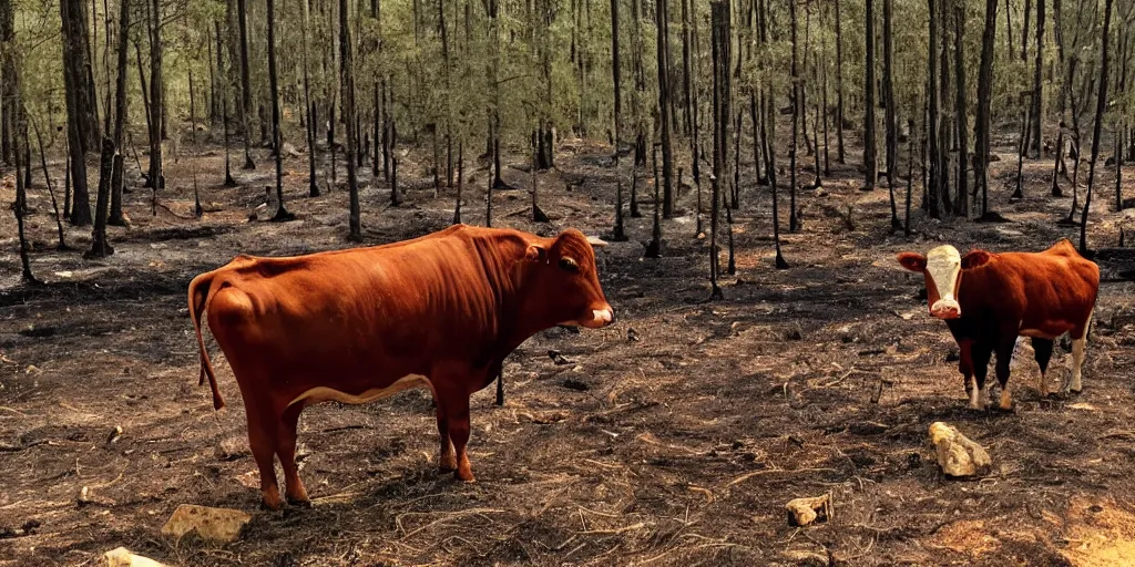 Prompt: a cow in a forest fire