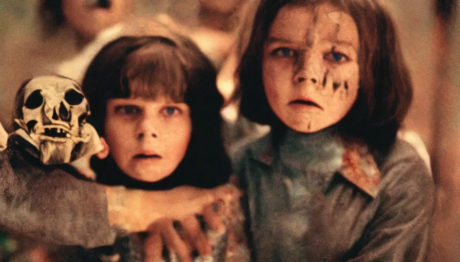 Prompt: 7 0 s film still from a horror movie about kids with skulls for heads, kodachrome, cinecolor, cinestill, film grain, film texture, retro, cinematic, high resolution, photorealism,