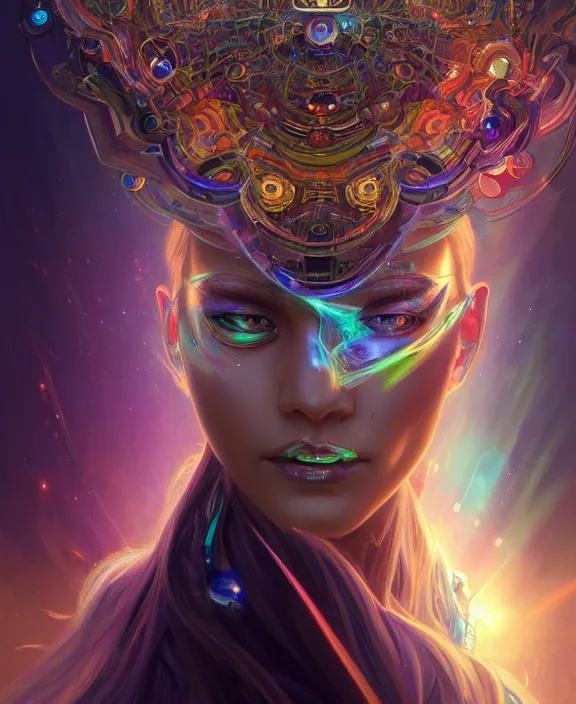 Image similar to a whirlwind of souls rushing inside the metaverse, half body, glowin eye, tiara with sapphire, pharaoh, android, cyborg, cyberpunk face, d & d, fantasy, intricate, elegant, highly detailed, colorful, vivid color, digital painting, artstation, concept art, art by artgerm and greg rutkowski and alphonse mucha and ruan jia