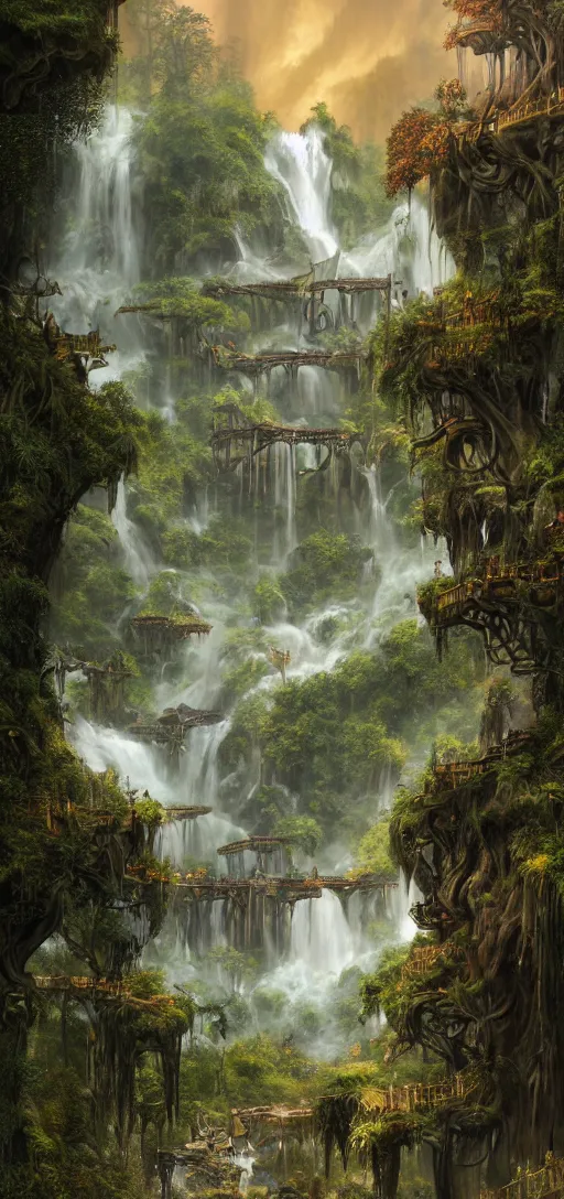 Image similar to a wooden elven City with golden roofs, with arches and bridges on top of a WATERFALL in the fall , gnarly trees, lush vegetation, forrest, a small stream runs beneath the waterfall, landscape, raphael lacoste, eddie mendoza, alex ross, concept art, matte painting, highly detailed, rule of thirds, dynamic lighting, cinematic, detailed, denoised, centerd