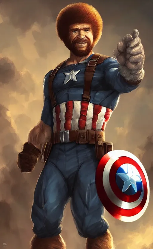 Image similar to bob ross as captain america, dynamic lighting, cinematic, ultra detailed, trending on art station, stunning visuals, creative, fantasy concept art