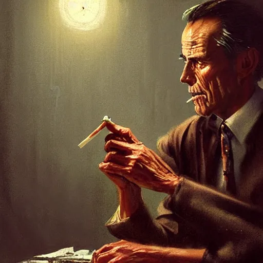 Image similar to a highly detailed epic cinematic concept art CG render digital painting artwork costume design: Henry Fonda as a 1950s tired disillusioned poet, barefoot, smoking a cigarette. volumetric lighting. By Greg Rutkowski, in the style of Francis Bacon and Syd Mead and Norman Rockwell and Beksinski, open ceiling, highly detailed, painted by Francis Bacon and Edward Hopper, painted by James Gilleard, surrealism, airbrush, Ilya Kuvshinov, WLOP, Stanley Artgerm, very coherent, triadic color scheme, realistic facial expression, art by Takato Yamamoto and James Jean