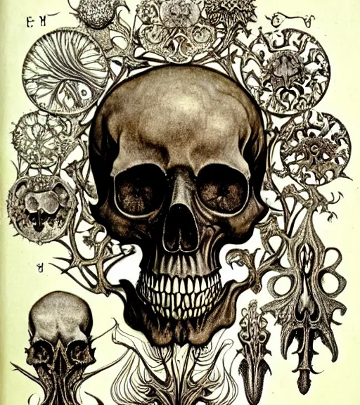 Image similar to memento mori by arthur rackham, art forms of nature by ernst haeckel, exquisitely detailed, art nouveau, gothic, ornately carved beautiful skull dominant, intricately carved antique bone, art nouveau botanicals, ornamental bone carvings, art forms of nature by ernst haeckel, horizontal symmetry, arthur rackham, ernst haeckel, symbolist, visionary