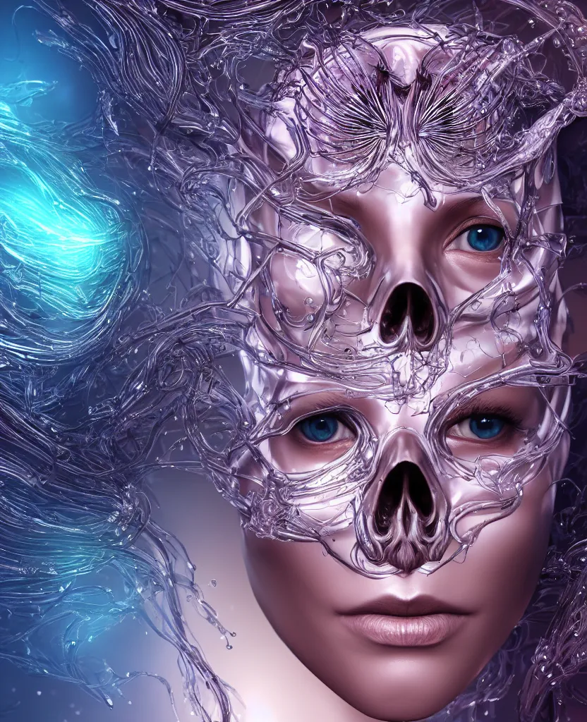 Image similar to close-up macro portrait of the face of a beautiful princess in a skull chrome mask, epic angle and pose, symmetrical artwork, 3d with depth of field, blurred background, cybernetic jellyfish female face skull phoenix bird, translucent, nautilus, energy flows of water and fire. a highly detailed epic cinematic concept art CG render. made in Maya, Blender and Photoshop, octane render, excellent composition, cinematic dystopian brutalist atmosphere, dynamic dramatic cinematic lighting, aesthetic, very inspirational, arthouse. y Greg Rutkowski, Ilya Kuvshinov, WLOP, Stanley Artgerm Lau, Ruan Jia and Fenghua Zhong