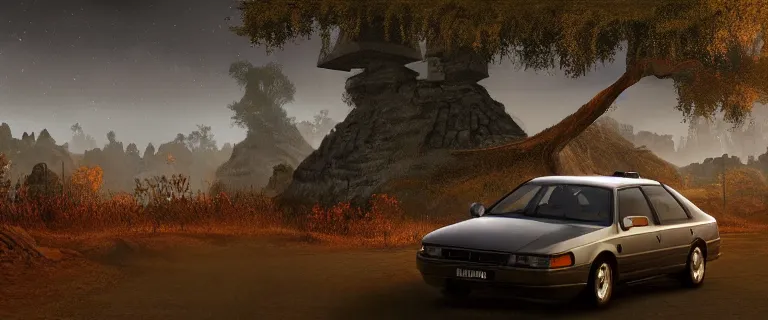 Image similar to Armored Audi 80 B3 Avant (1988) facing off a dark knight, The Elder Scrolls III: Morrowind, an epic fantasy, Morrowind, Vivec City, dramatic lighting, cinematic, establishing shot, extremely high detail, photorealistic, cinematic lighting, artstation, by simon stalenhag