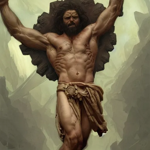 Prompt: hulking herculean ogre jesus christ crucified on the cross, masterpiece, intricate, elegant, highly detailed, digital painting, artstation, concept art, smooth, sharp focus, illustration, art by artgerm and greg rutkowski and alphonse mucha and uang guangjian and gil elvgren and sachin teng, symmetry!!