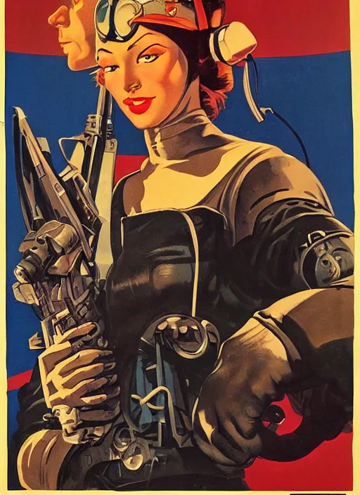Image similar to propaganda poster. cyberpunk mercenary. portrait by jean giraud and anton otto fischer and john philip falter and will eisner and gil elvgren