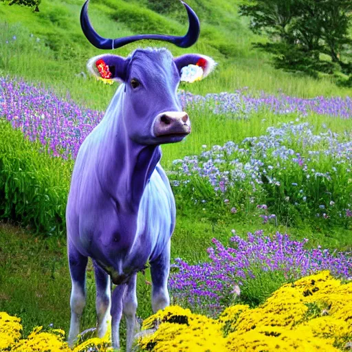 Prompt: a blue cow standing in front of a red barn surrounded by white and purple flowers