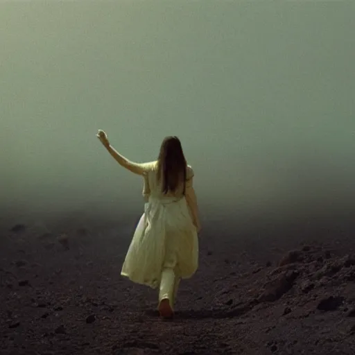 Image similar to The full body shot of beautiful pale woman with white flowers and full-face golden mask inside a thick black smoke in rocky desert landscape, glowing eyes everywhere, burning earth by Gaspar Noe and Christopher Doyle, anamorphic lens, anamorphic lens flares, kodakchrome, cinematic composition, practical effects, award winning photo, 8k