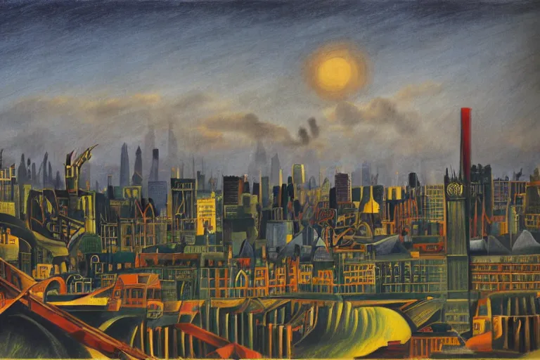 Prompt: color sketch of the london skyline, highly detailed, dramatic lighting, intense shadows, rich deep colours, by henri rousseau