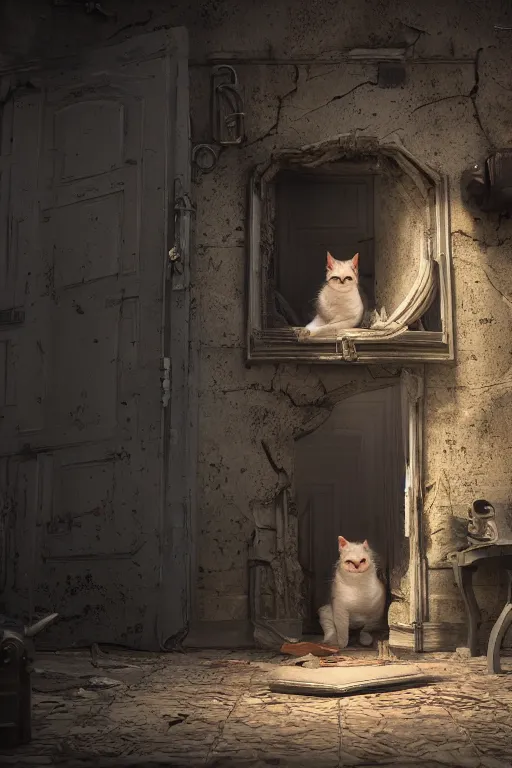 Image similar to cat find the exit form backrooms, ultra realistic, concept art, intricate details, highly detailed, photorealistic, octane render, 8 k