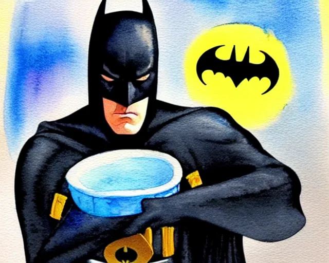 Image similar to Batman washing dishes, bright and cheery watercolor painting