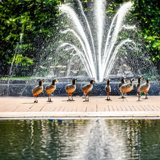 Prompt: a group of geese by a park fountain, 50mm Sigma lens, shot on a Sony A7siii