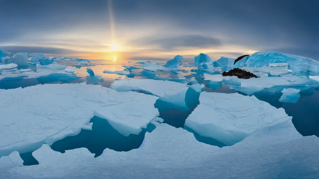 Image similar to photo of the most beautiful panoramic landscape, where a giant iceberg is lost in middle of the artic ocean, a giant penguin is exhaling steam while walking over the iceberg, there is nothing else, the artic ocean is reflecting the giant penguin over the iceberg and the ray lights of the sunset are brightening him, award winning photo, minimal style, by frans lanting