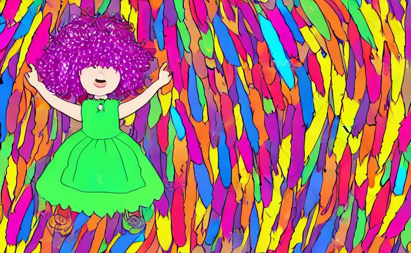 Image similar to little girl with eccentric red hair wearing a dress made of colorful feathers, cartoon art style