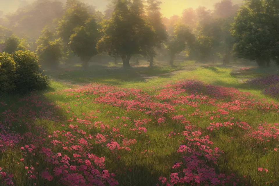 Prompt: Rendering of a scene with a meadow full of roses, by Makoto Shinkai and thomas kinkade, fantasy matte painting, trending on cgsociety and unreal engine, light effect, highly detailed, super wide angle