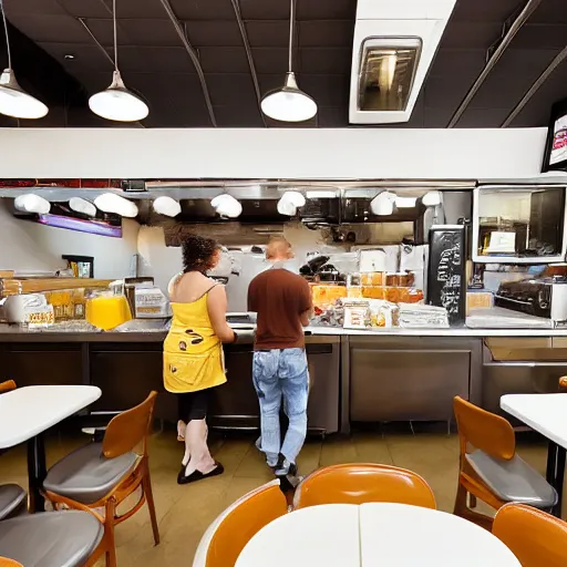 Image similar to busy wafflehouse interior with customers eating breakfast and wafflehouse employees serving food and cooking behind countertop