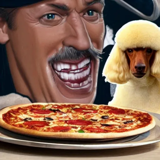 Prompt: hulk hogan eating pizza, riding a poodle