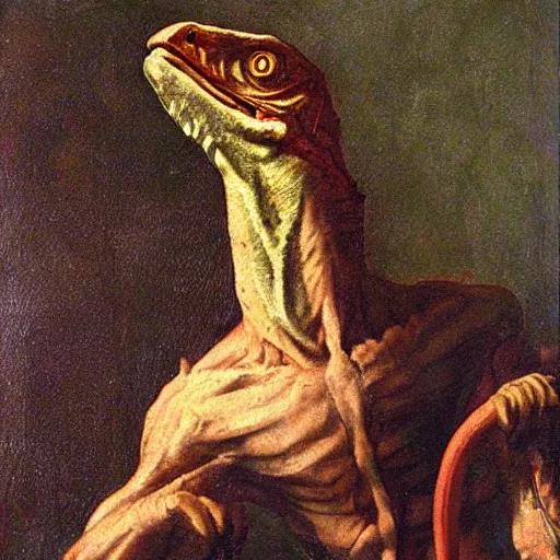 Prompt: renaissance painting of a velociraptor wearing a fancy male Victorian style suit