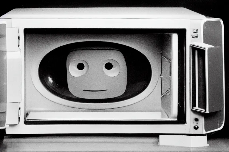 Prompt: retro robot sticking her head inside of a microwave, from 1977, bathed in the glow of a crt television, low-light photograph, in the style of jack bridgeland