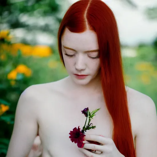 Prompt: Portrait of a young redhead lady with a flower, Canon EOS R3, f/1.4, ISO 200, 1/160s, 8K, RAW, unedited, symmetrical balance, in-frame