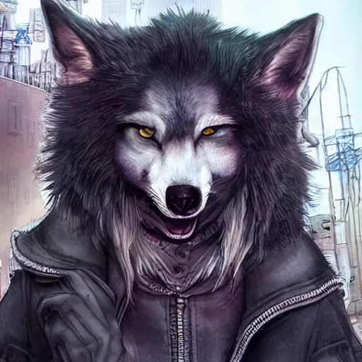 Image similar to beautiful furry art portrait commission of a furry anthro wolf fursona wearing punk clothes in the streets of a cyberpunk city. character design by charlie bowater, ross tran, rick griffin, miles df, detailed, inked, western comic book art